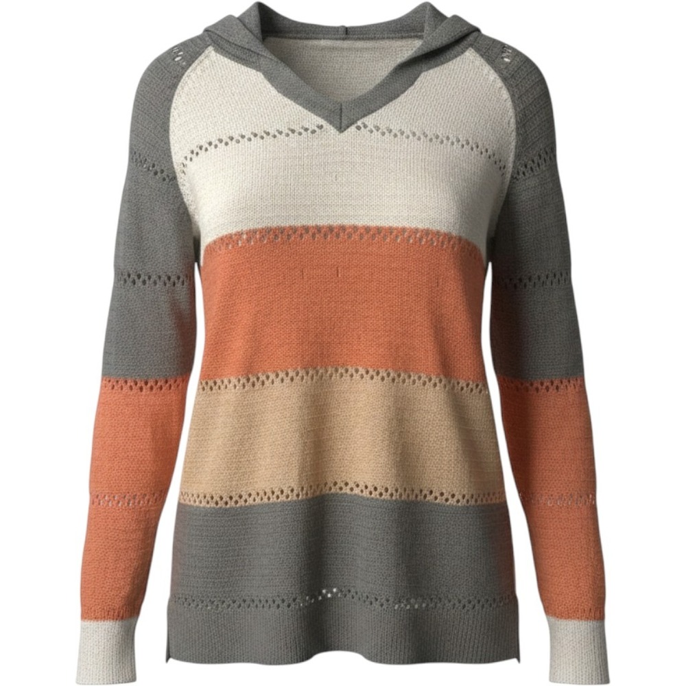 Hooded Knit Sweater Womens XL Multi Colorblock Pointelle V-Neck Raglan Pullover